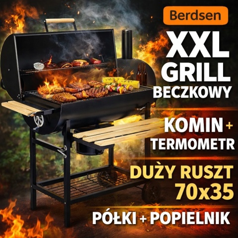 Grill Węglowy Beczkowy Berdsen XXL Komin Termometr Półki Popielnik