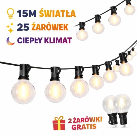 Girlanda ogrodowa LED 15m 25 żarówek E12 2700K IP44 9 trybów