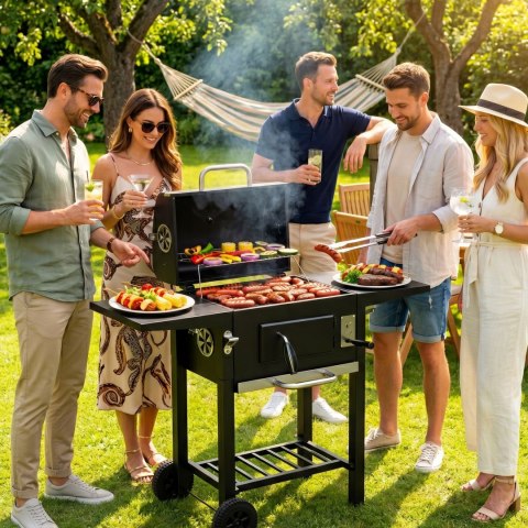 Grill węglowy ogrodowy z pokrywą termometr półki ruszt regulowany