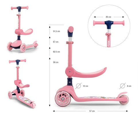 Hulajnoga dla dziecka 2w1 FUZZY Pink Milly Mally z siedziskiem LED