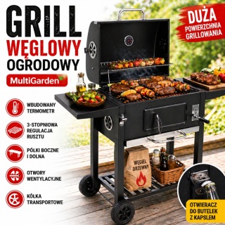 Grill węglowy ogrodowy z pokrywą termometr półki ruszt regulowany