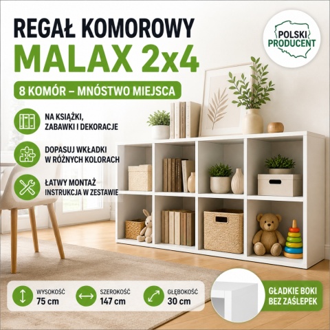 Regał MALAX 2x4 biały 147 cm 8 półek na książki zabawki komorowy