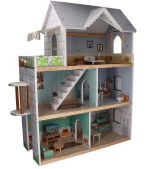 Drewniany domek dla lalek XXL 3 piętra winda mebelki taras 81 cm