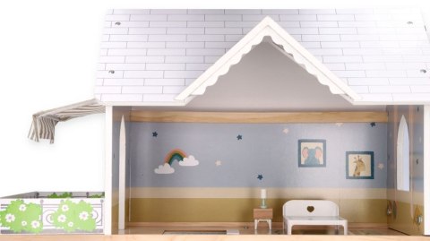 Drewniany domek dla lalek XXL 3 piętra winda mebelki taras 81 cm