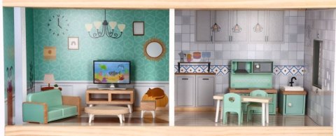 Drewniany domek dla lalek XXL 3 piętra winda mebelki taras 81 cm