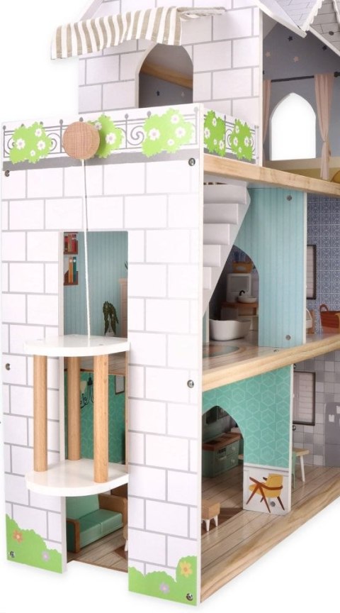 Drewniany domek dla lalek XXL 3 piętra winda mebelki taras 81 cm