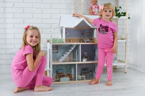 Drewniany domek dla lalek XXL 3 piętra winda mebelki taras 81 cm