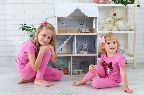 Drewniany domek dla lalek XXL 3 piętra winda mebelki taras 81 cm