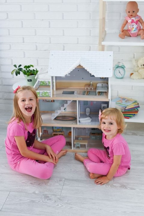 Drewniany domek dla lalek XXL 3 piętra winda mebelki taras 81 cm