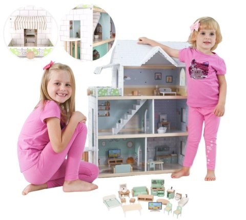 Drewniany domek dla lalek XXL 3 piętra winda mebelki taras 81 cm