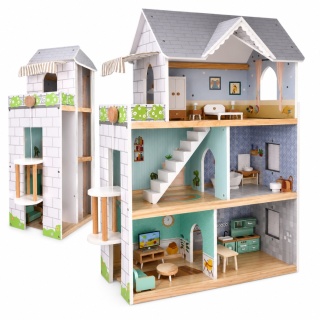 Drewniany domek dla lalek XXL 3 piętra winda mebelki taras 81 cm