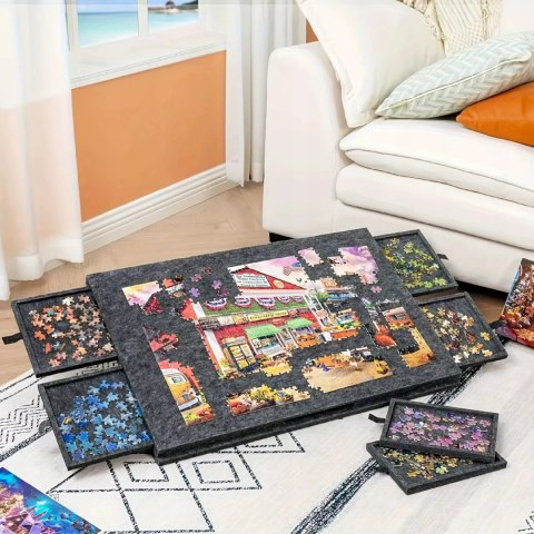 Stolik do Układania Puzzli 2w1 6 Szuflad Filcowy Organizer Czarny 77 x 53 cm