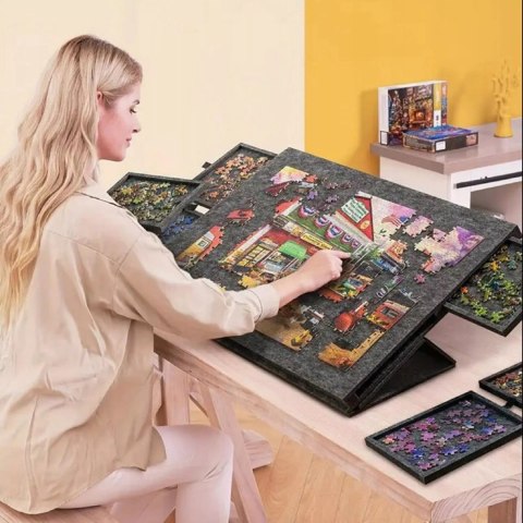 Stolik do Układania Puzzli 2w1 6 Szuflad Filcowy Organizer Czarny 77 x 53 cm