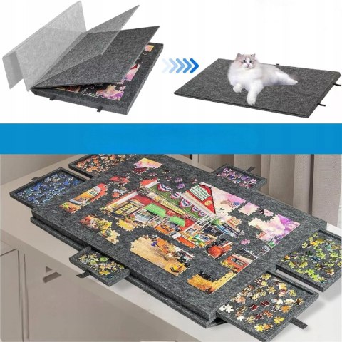 Stolik do Układania Puzzli 2w1 6 Szuflad Filcowy Organizer Czarny 77 x 53 cm