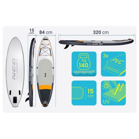 Deska SUP Neo-Sport Aquasurf 10.6 320 cm Zestaw Wiosło Pompka Leash