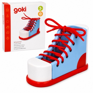 Drewniany But do Nauki Wiązania Sznurek Goki Trampek Montessori 3+