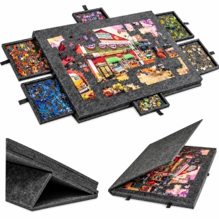 Stolik do Układania Puzzli 2w1 6 Szuflad Filcowy Organizer Czarny 77 x 53 cm